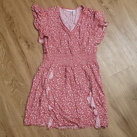 Women's Sincerely Jules V-neck Off Red Flowery Short Sleeve Dress Sz Large - Picture 1 of 9